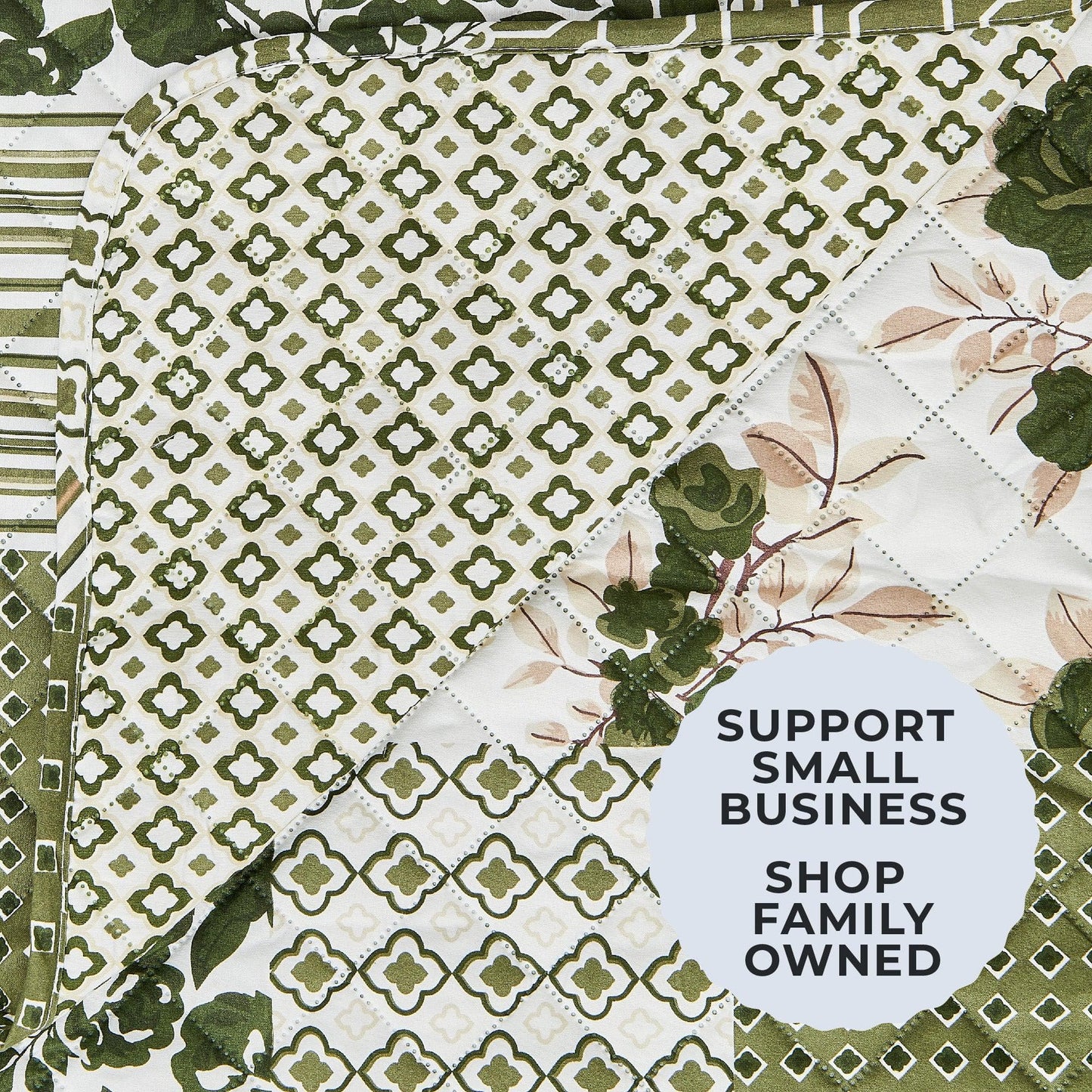 Text overlay on a fabric pattern with green and white design