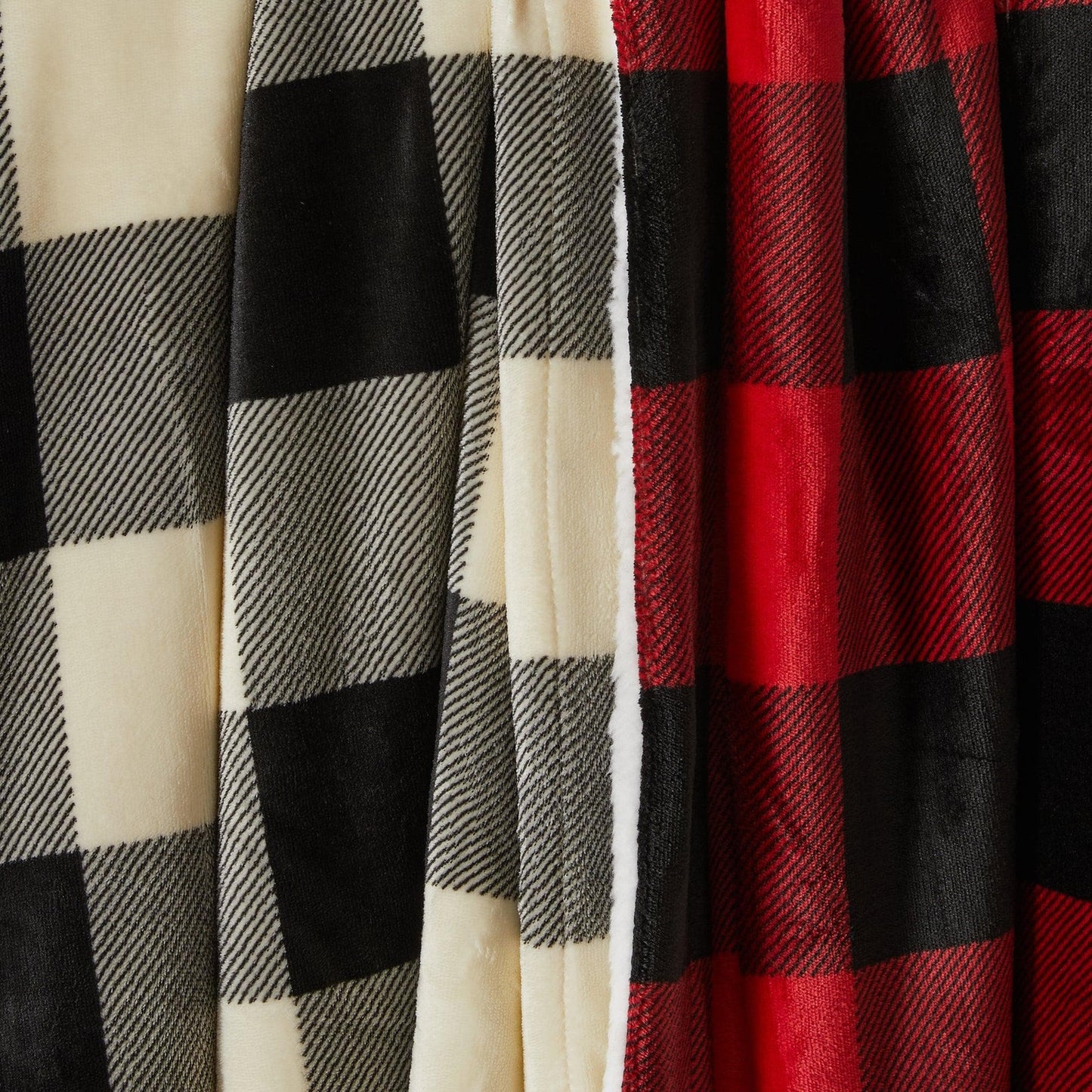 Close-up of checkered fabric with black, white, and red patterns.