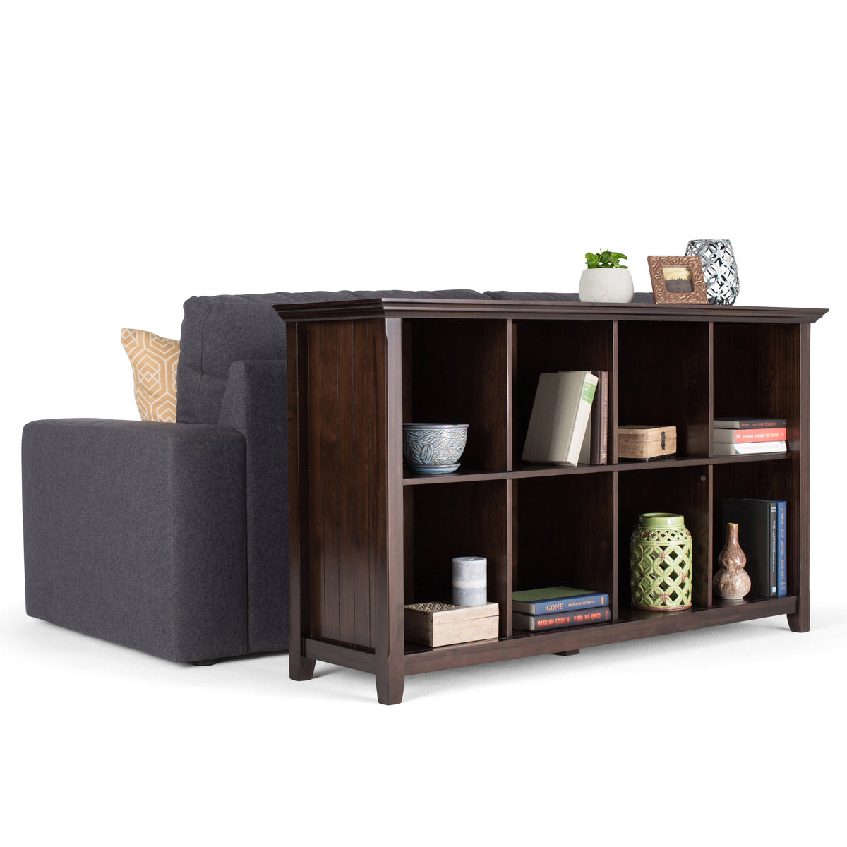 Acadian 57 Inch Wide Solid Wood 8 Cube Storage Sofa Table in Brunette