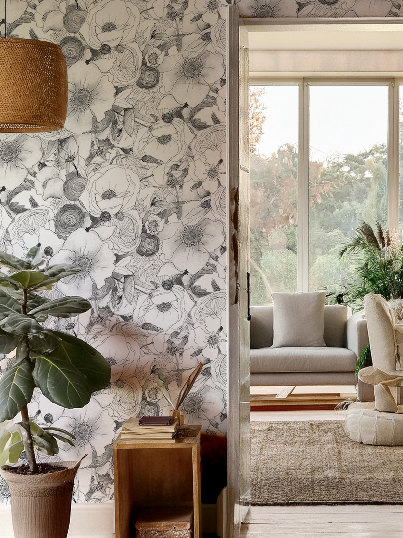 Floral Reverie Wallpaper, black and white