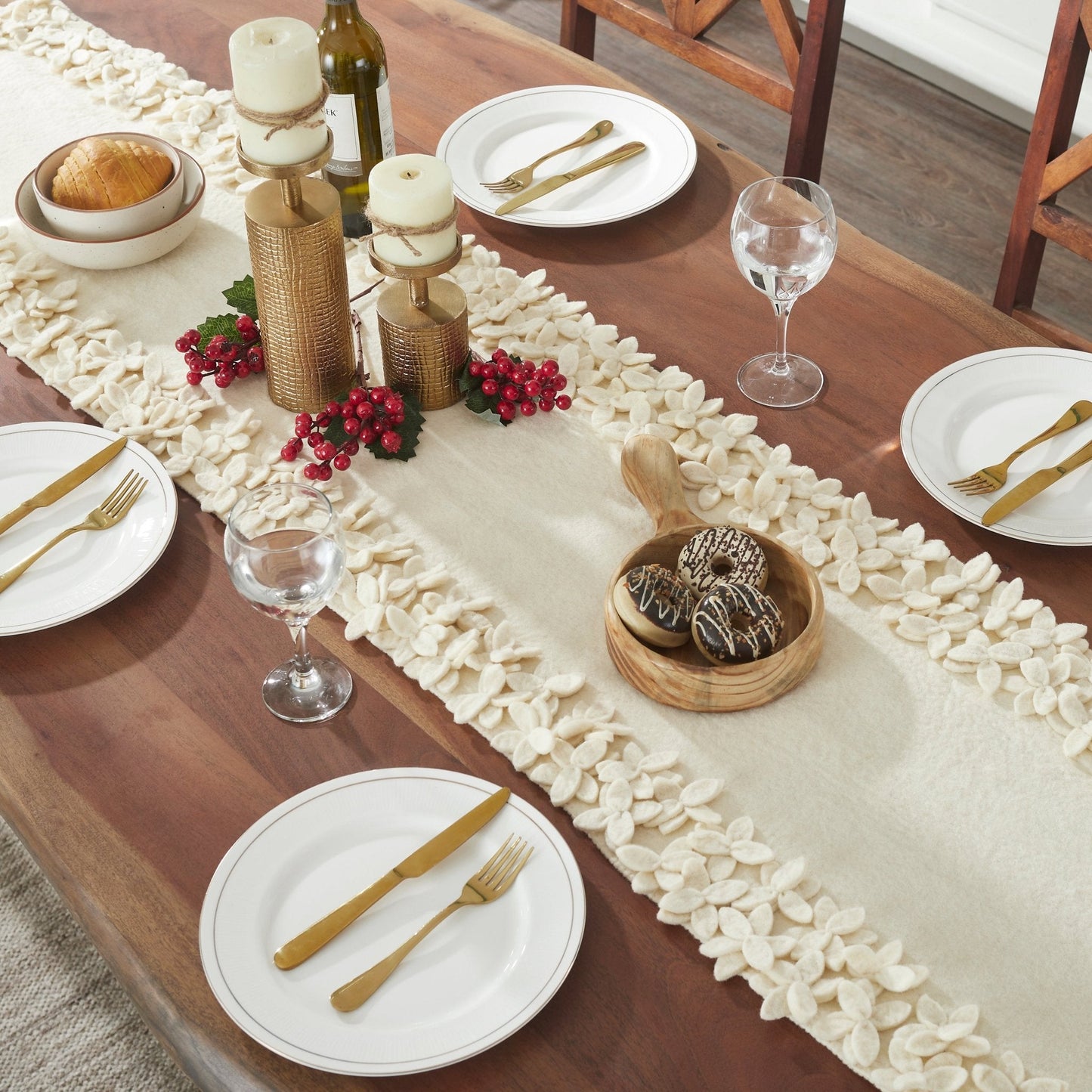 Hand Felted Wool Floral Border Table Runner Cream, 16x90" Arcadia Home