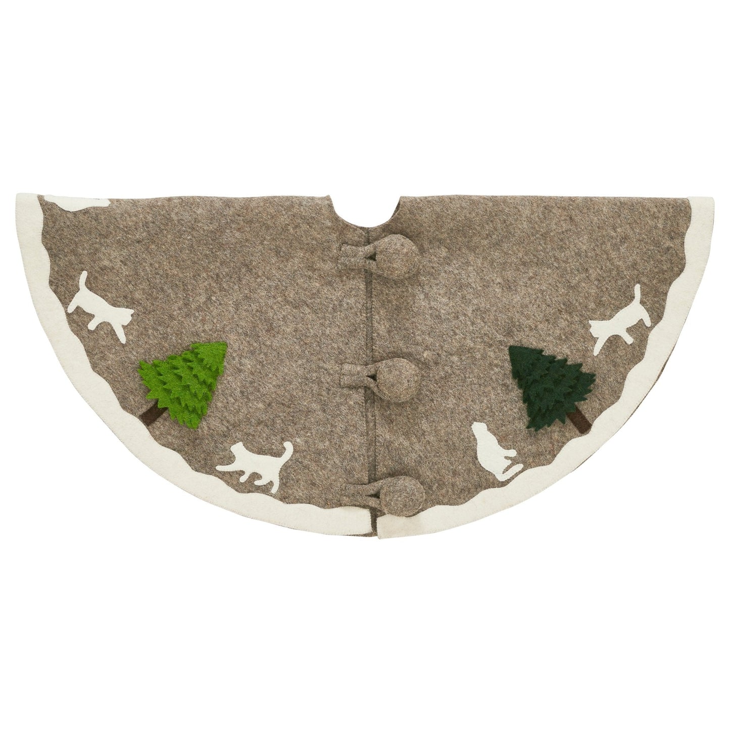 Handmade Felted Cats and Green Trees Grey Christmas Tree Skirt with cream cats and green trees on grey felt.