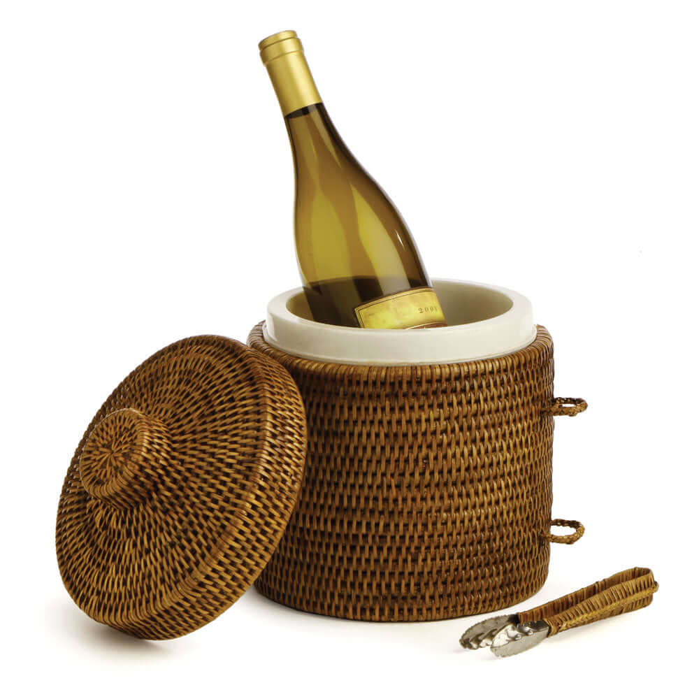 Handwoven Vintage Rattan Ice Bucket with Tongs and Lid