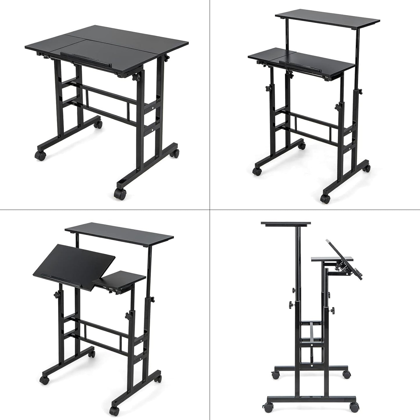 Height Adjustable Mobile Desk with Tilting Top and Wheels