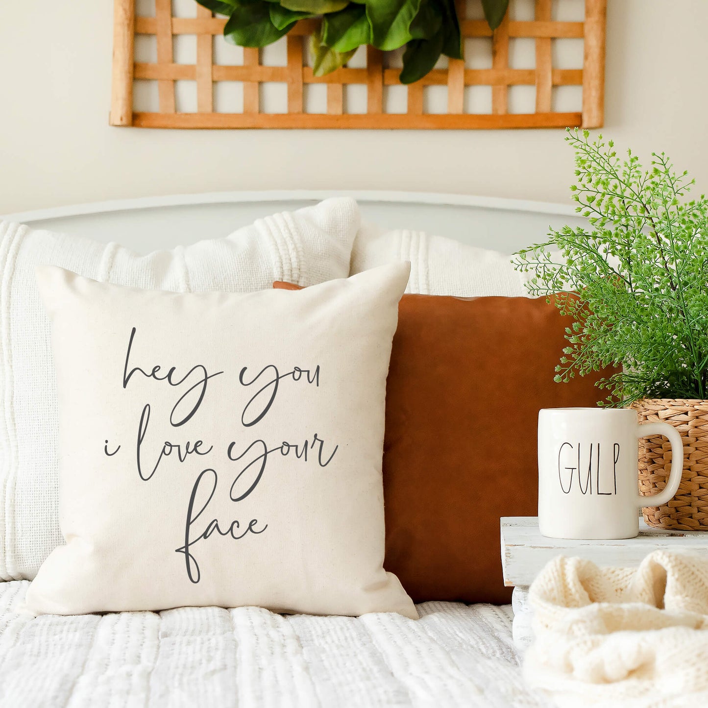 Hey You I Love Your Face Valentine's Day Pillow Cover 18x18 displayed on a cozy couch with plants and decor.