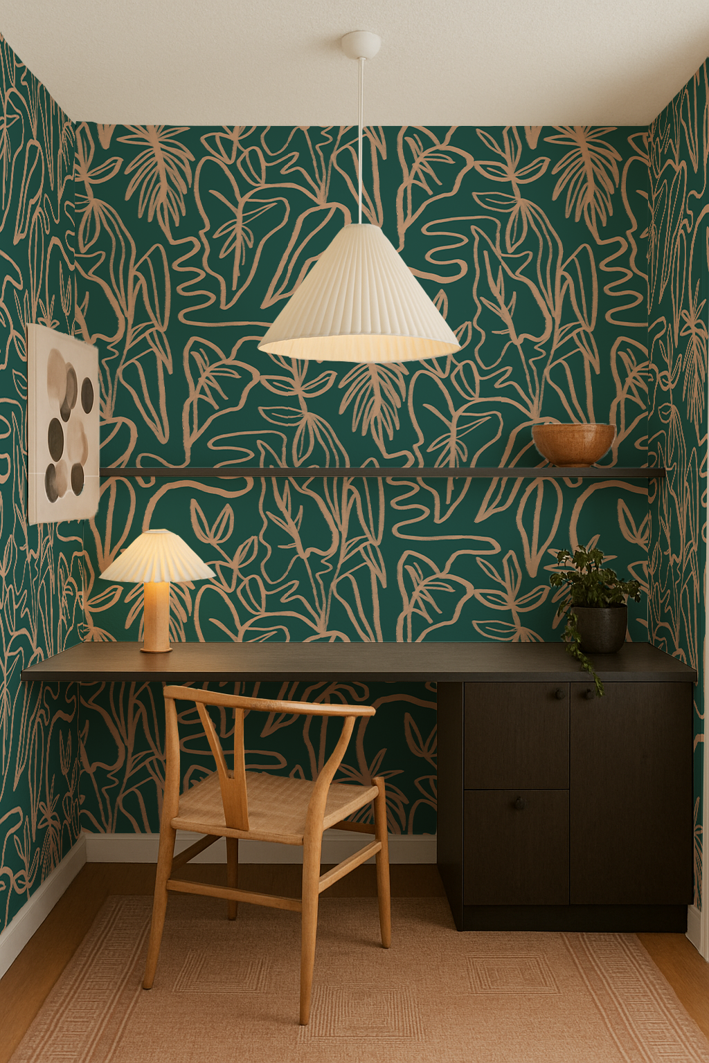 Inked Foliage Wallpaper, teal and peach