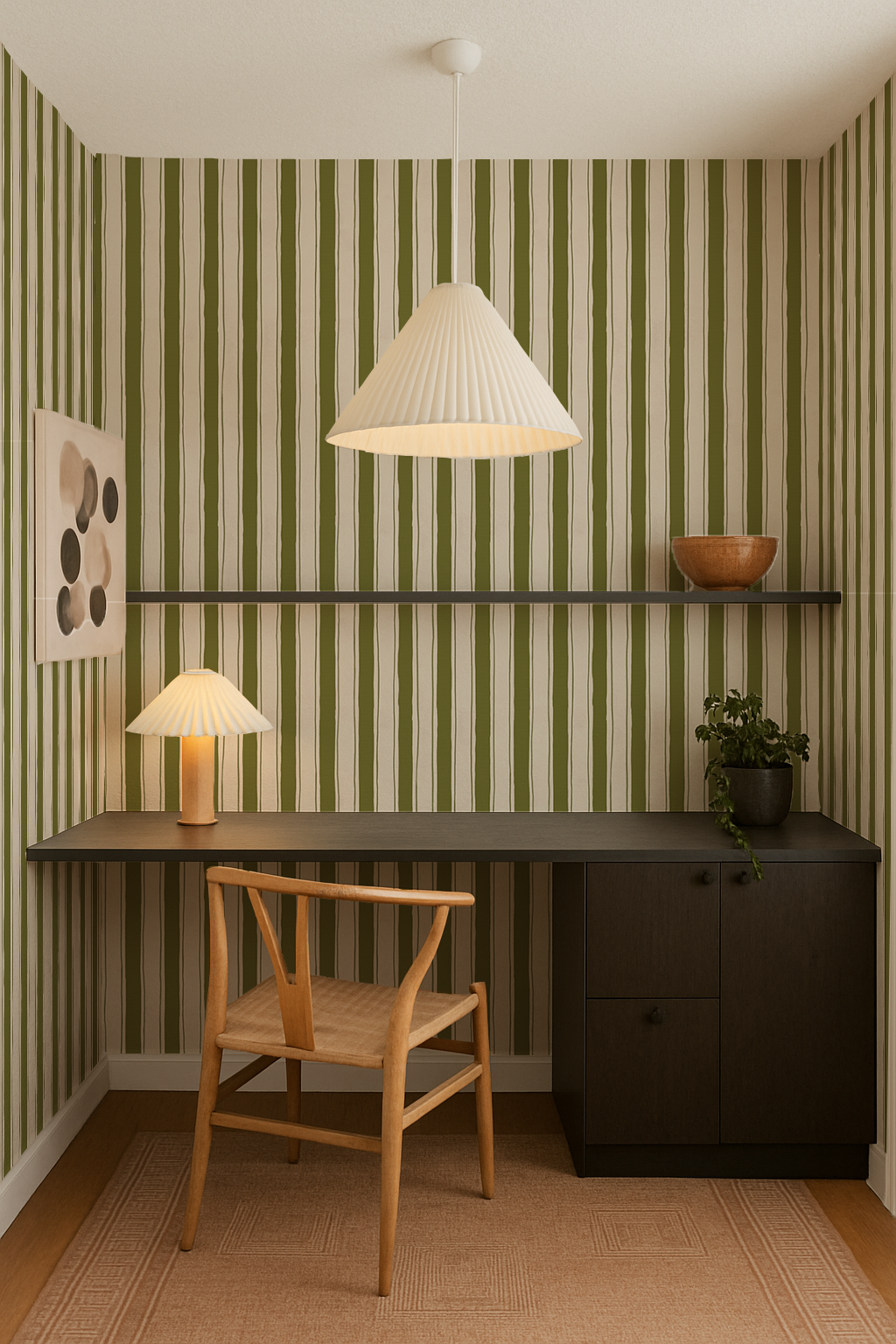 Riviera Stripe Wallpaper, off-white and olive green