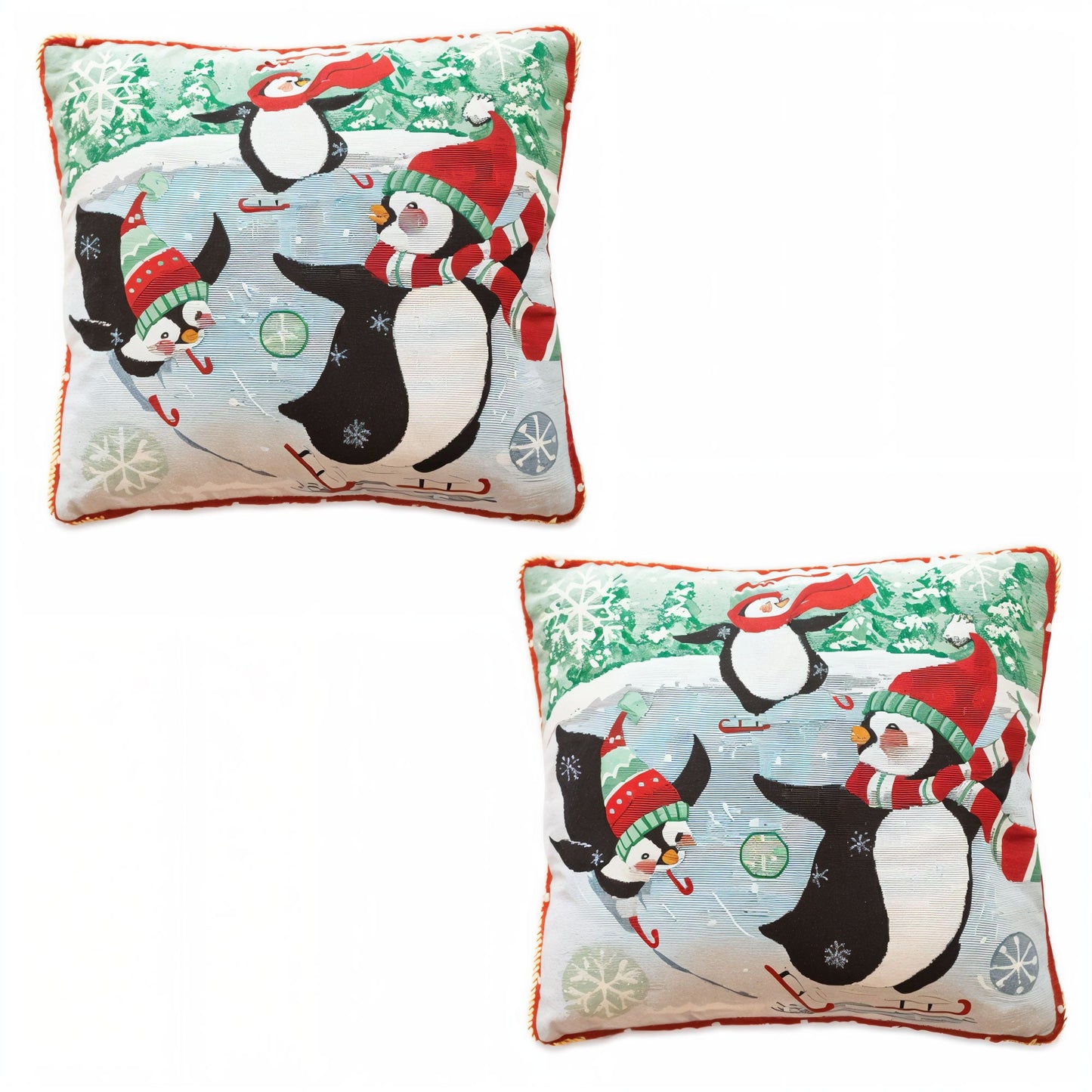 Set of 2 Skating Penguins Christmas Throw Pillow Covers