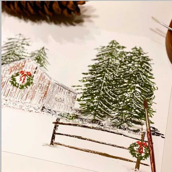 Christmas Truck and Tree 18x18 inch Pillow Cover design featuring a cozy winter scene with pine trees and a rustic cabin.