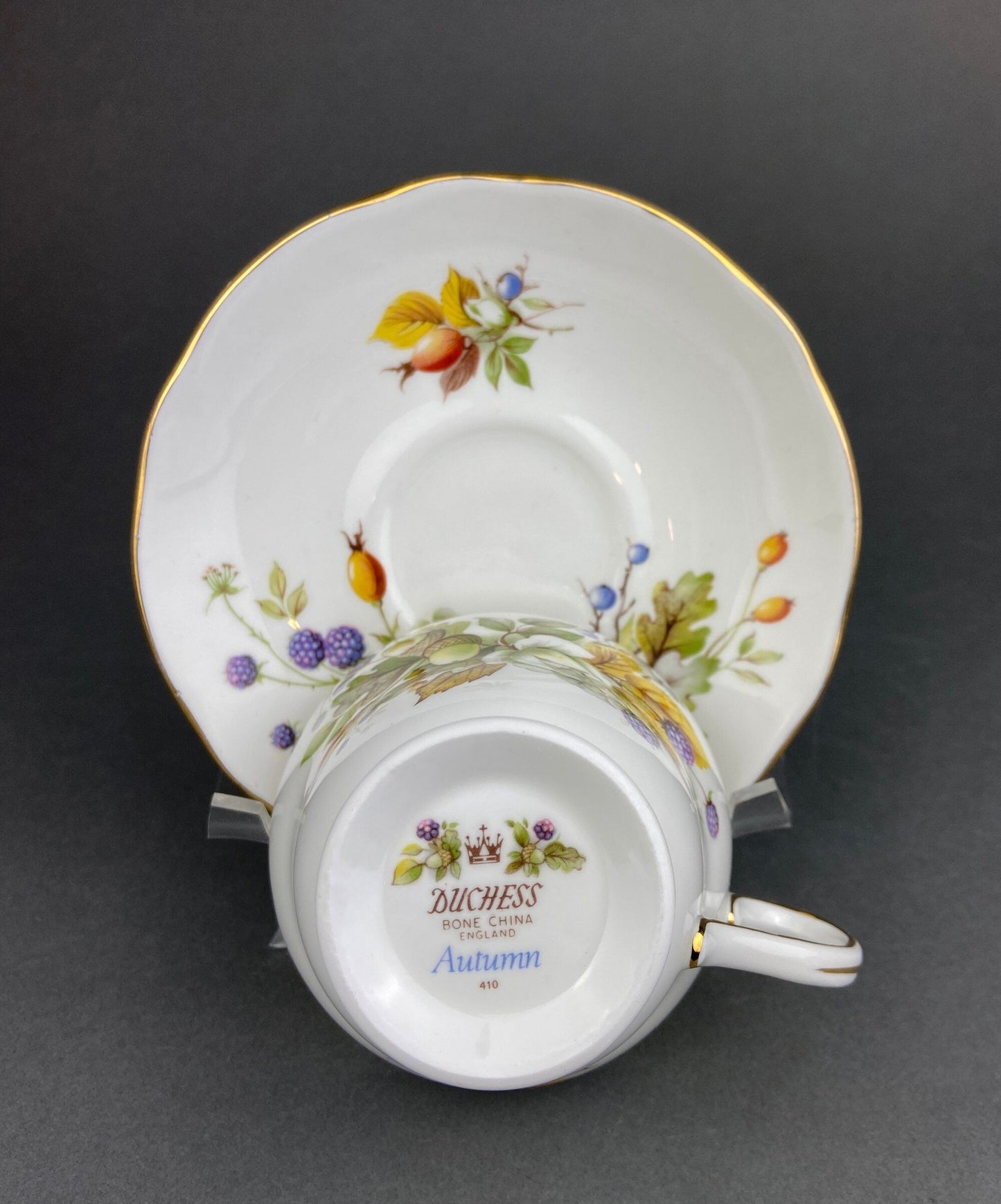 Teacup and saucer with autumn-themed decoration on a dark background