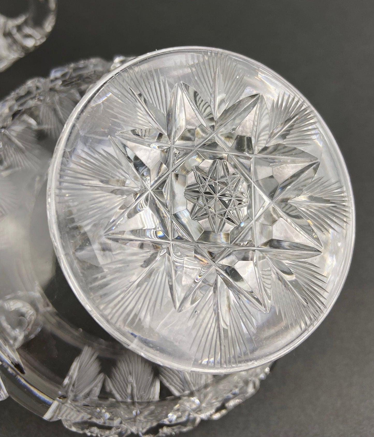 Cut Crystal Creamer and Sugar Bowls: Feather Cut Pattern, Set of Two