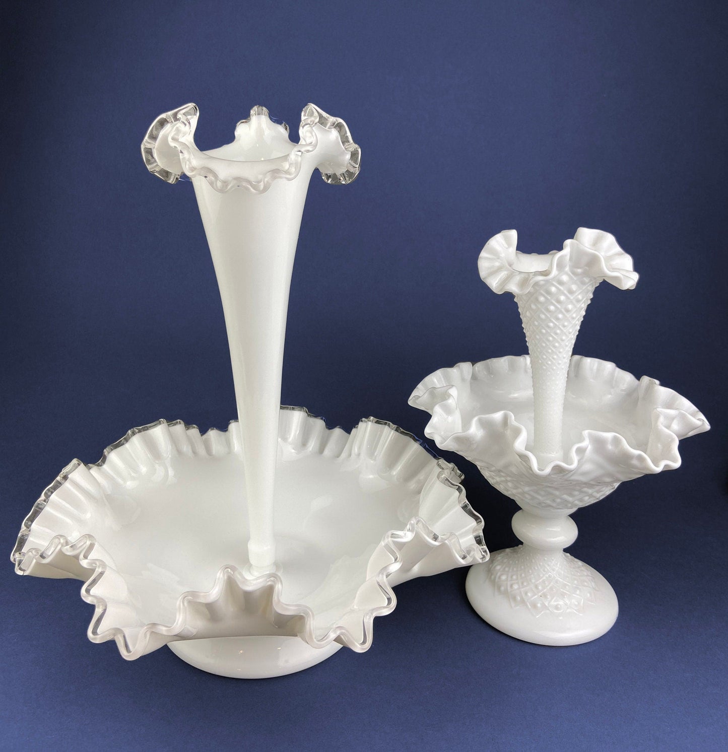 Silvercrest Bowl with Ruffled Edge. White Glass Fruit Bowl or Serving Dish with Clear Brim. Table Centerpiece. Serviceware. Wedding Gift.