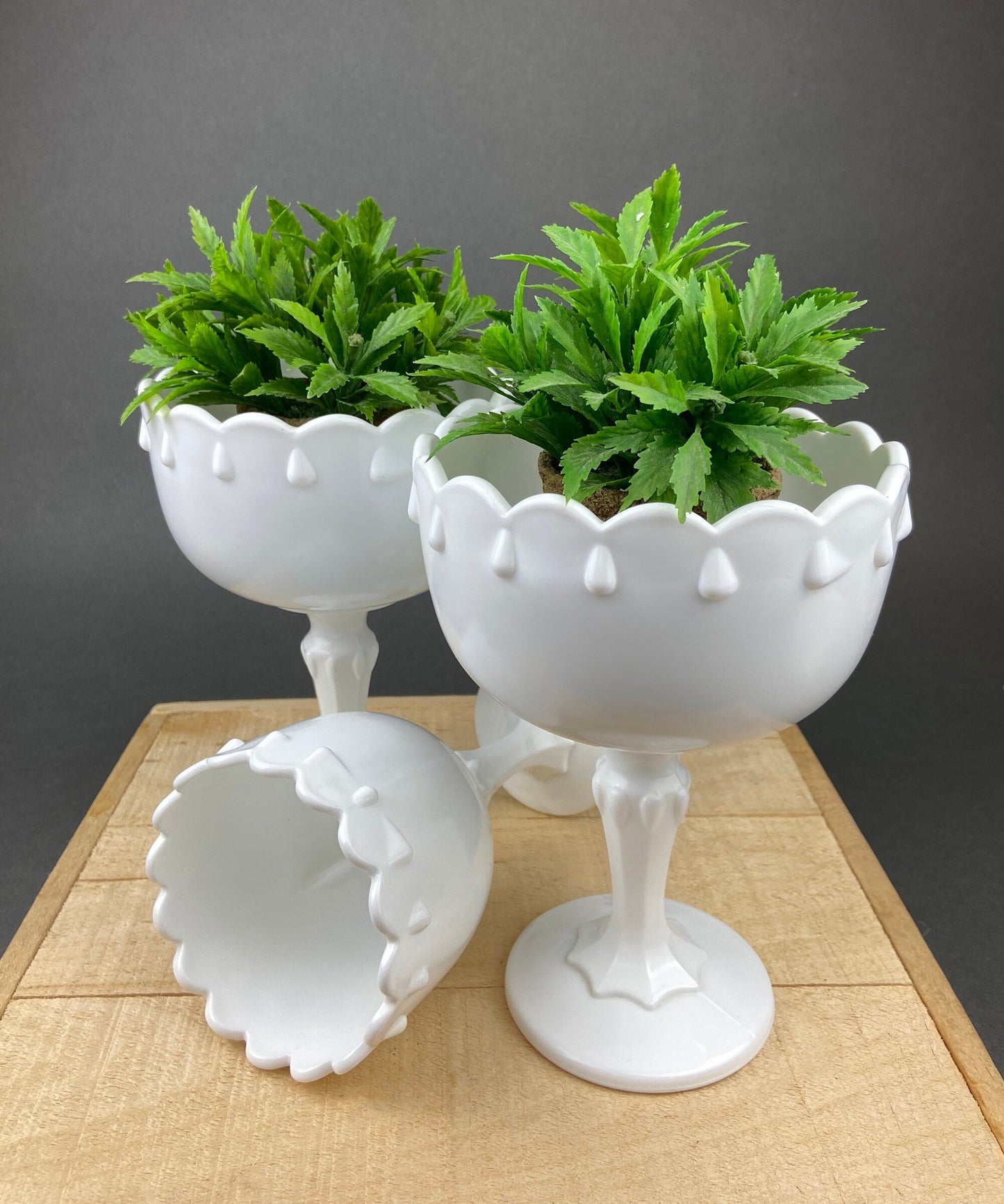 Milk Glass Oak Leaf Design Bowls. Set of Three Differently Shaped Vases. White Herb Planters.