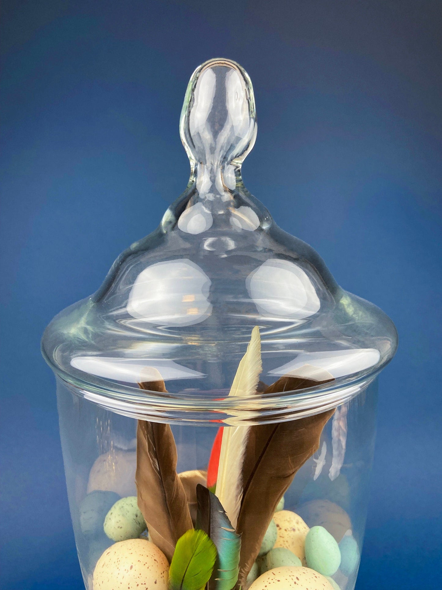 Glass jar with a clear lid containing Easter eggs and feathers on a blue background