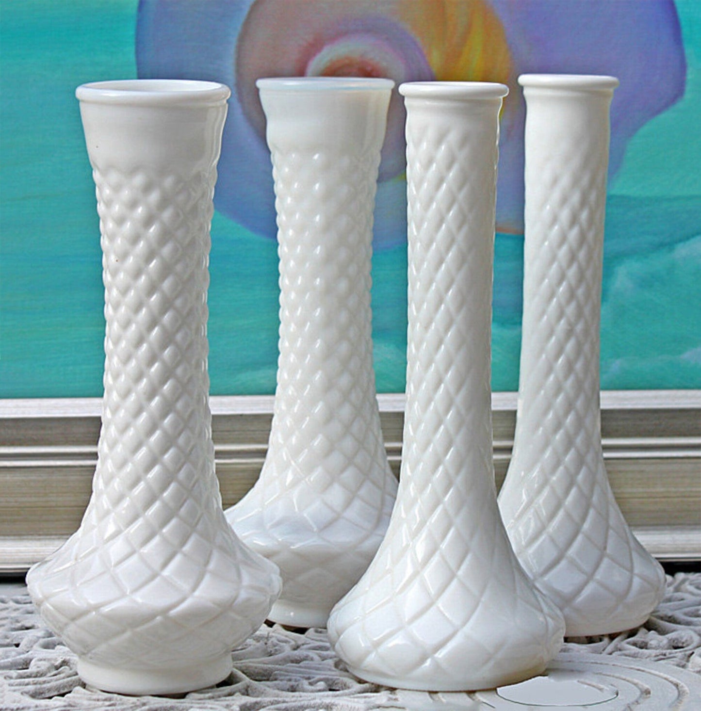 Collection of Milk Glass Vases. Set of Seven. Varying Shapes and Sizes. Contemporary Designs. White Kitchen, Dining, or Living Room Decor.