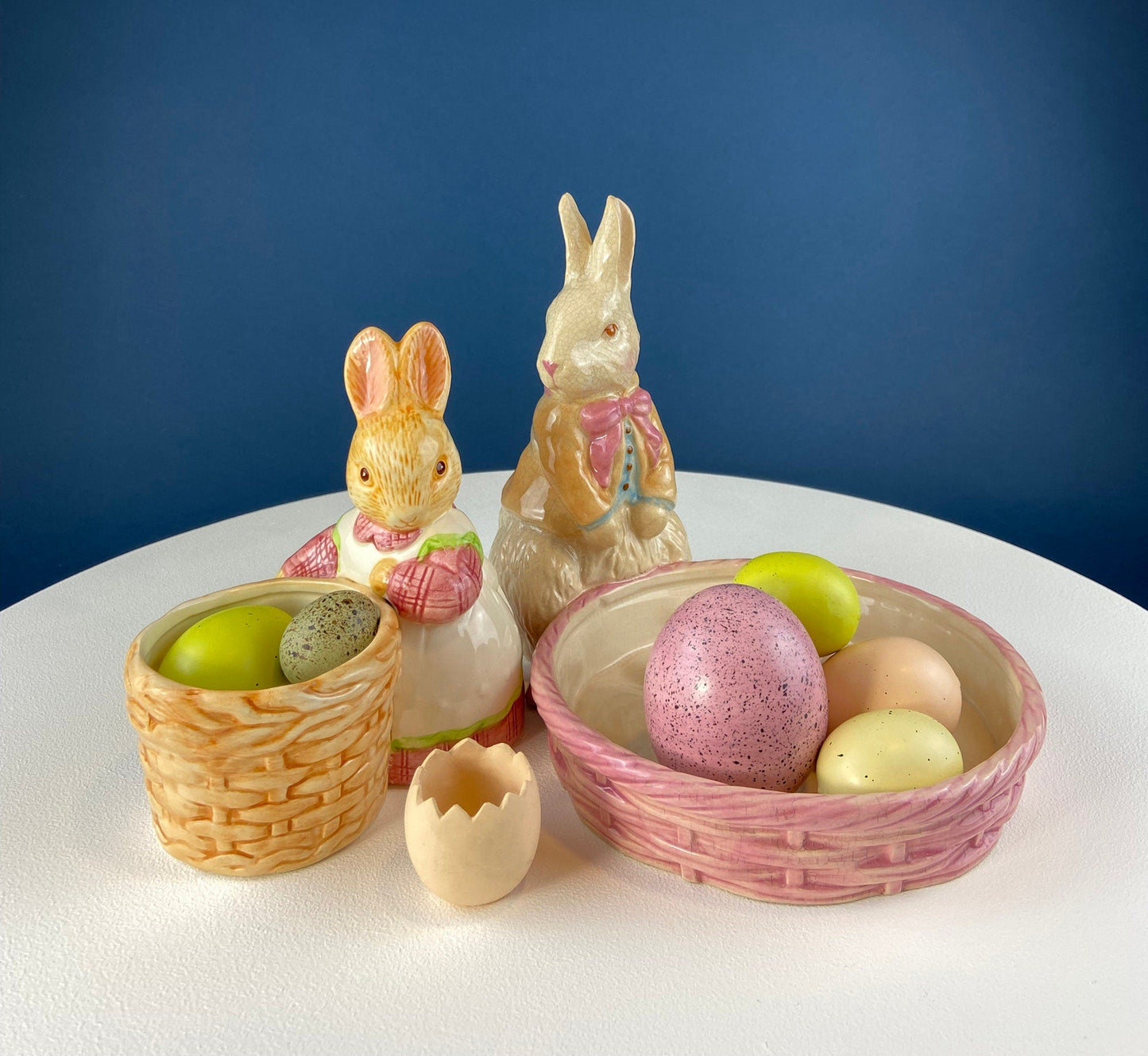 Porcelain Mom Bunny Figurine. Hand-Painted Girl Rabbit Wearing Apron and Carrying Basket. Vintage Easter Display. Kids Room.