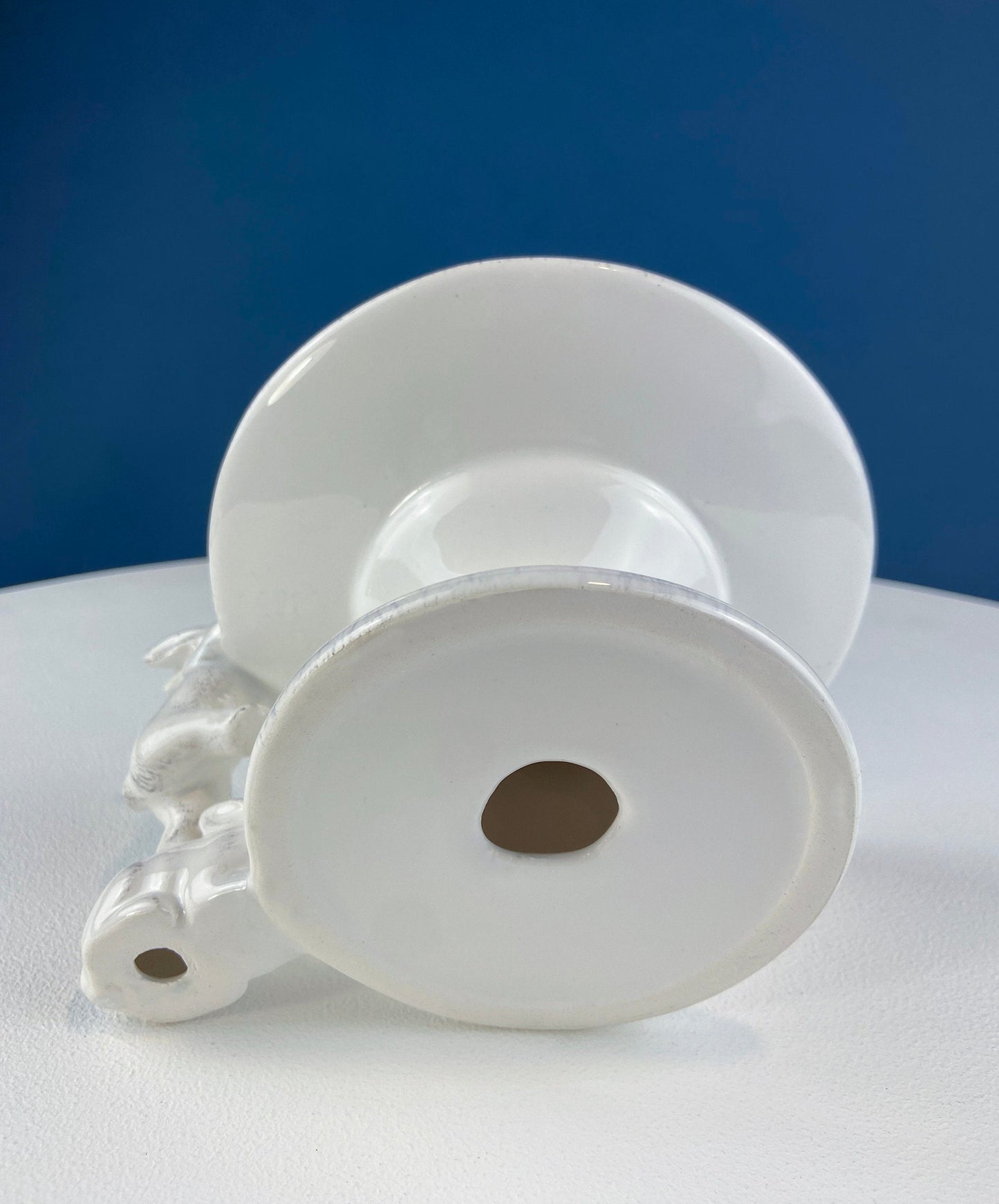 White Porcelain, Cupcake Sized Stand. Climbing Bunnies Detail. Rabbit Themed Table Accessories. Candy Dish, Candle Holder, Modern Farmhouse.