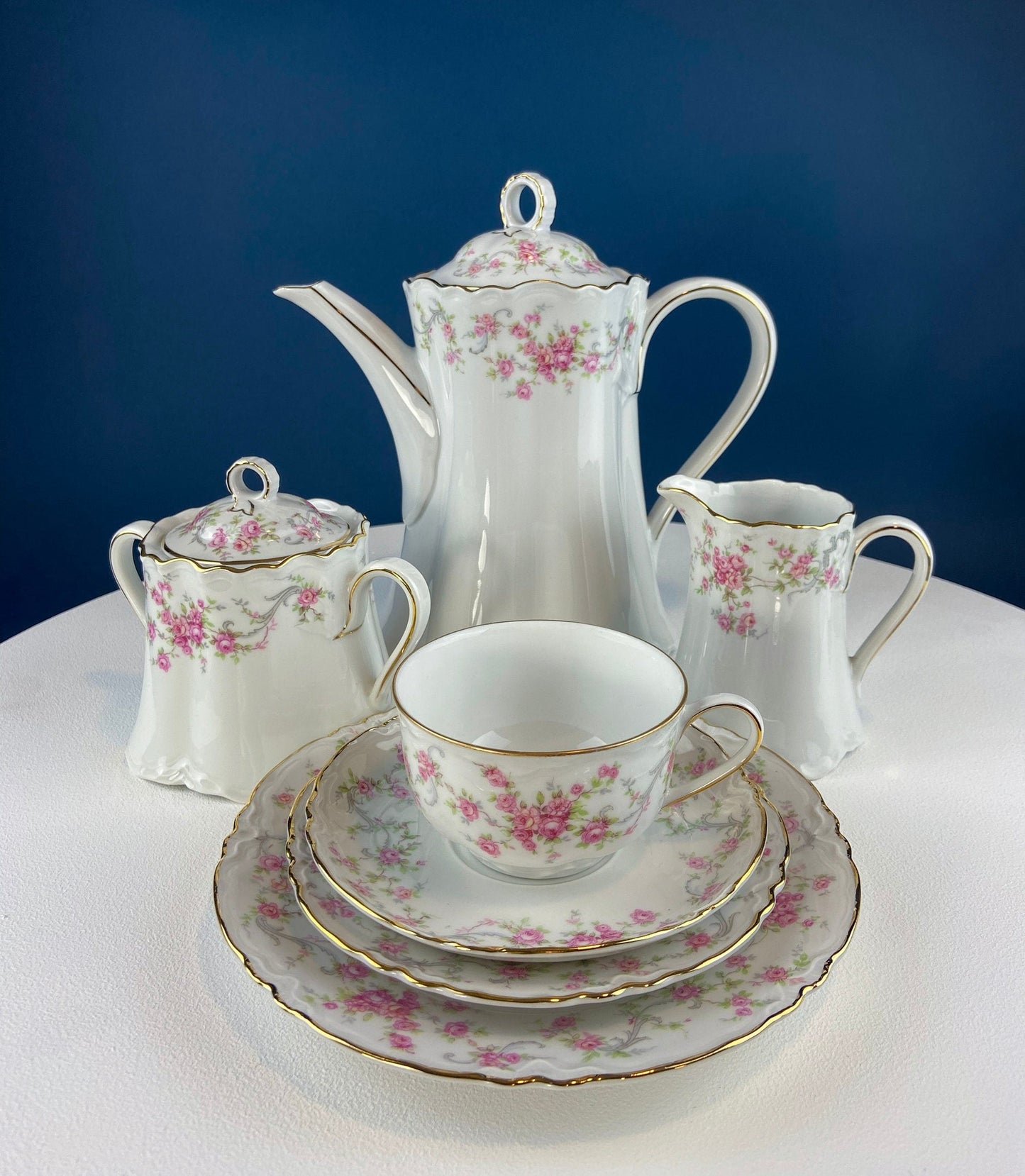 Antique Hutschenreuther Porcelain Coffee Set. Coffee or Teapot, Sugar Jar, Creamer, 2 8" Dessert Plates, & 6 Tea Cups/Saucers. Floral Motif.