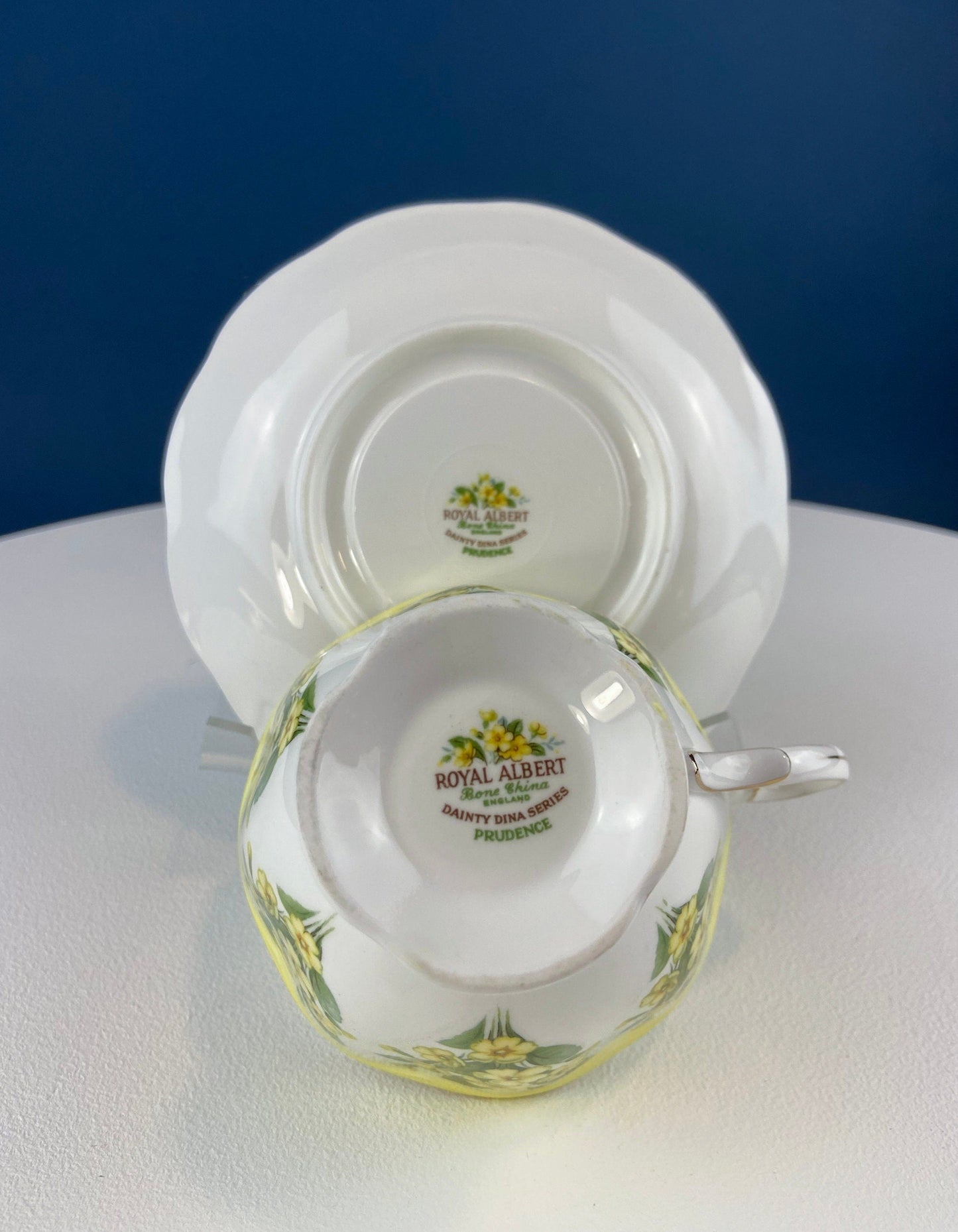 Royal Albert teacup and saucer with floral design on a white surface and blue background