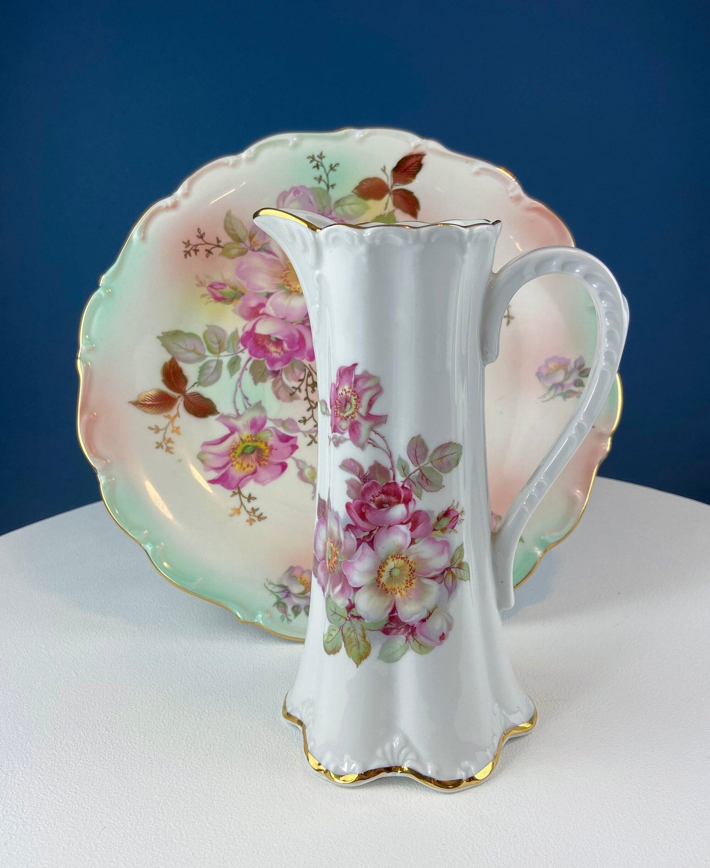 Tall, 11-Inch Antique Hand Painted Hot Chocolate Pot. Stunning Peach Color Roses. Collectible Fine Bone China. Bohemian Chic.