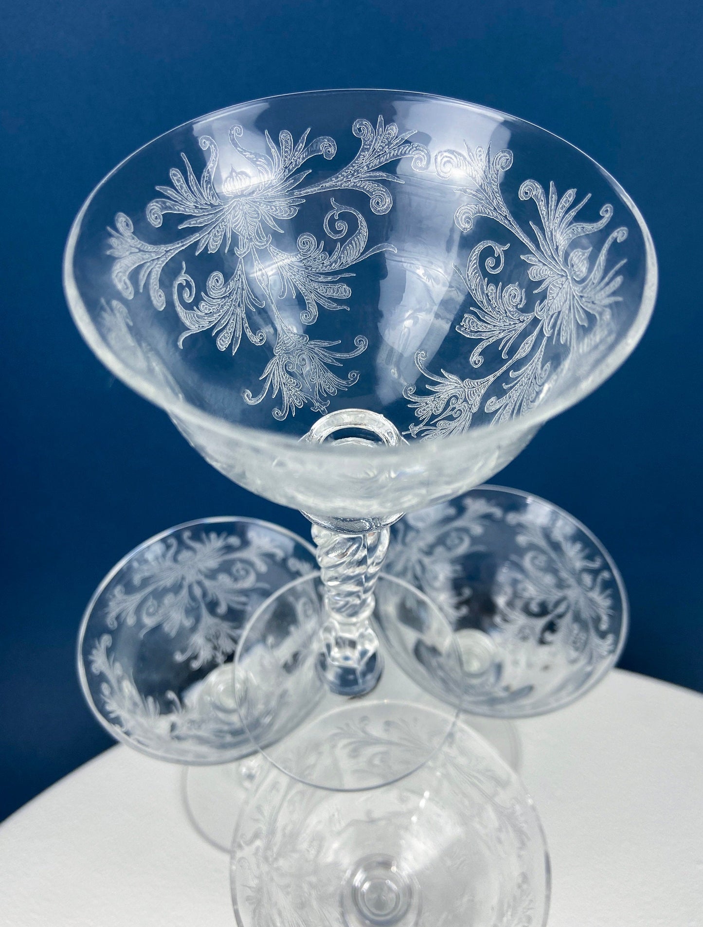 Tiffin Franciscan Water or Juice Glasses. Set of Five Byzantine Etched Stemware. Floral Motif. Fine Dining. Collectible Stemware.