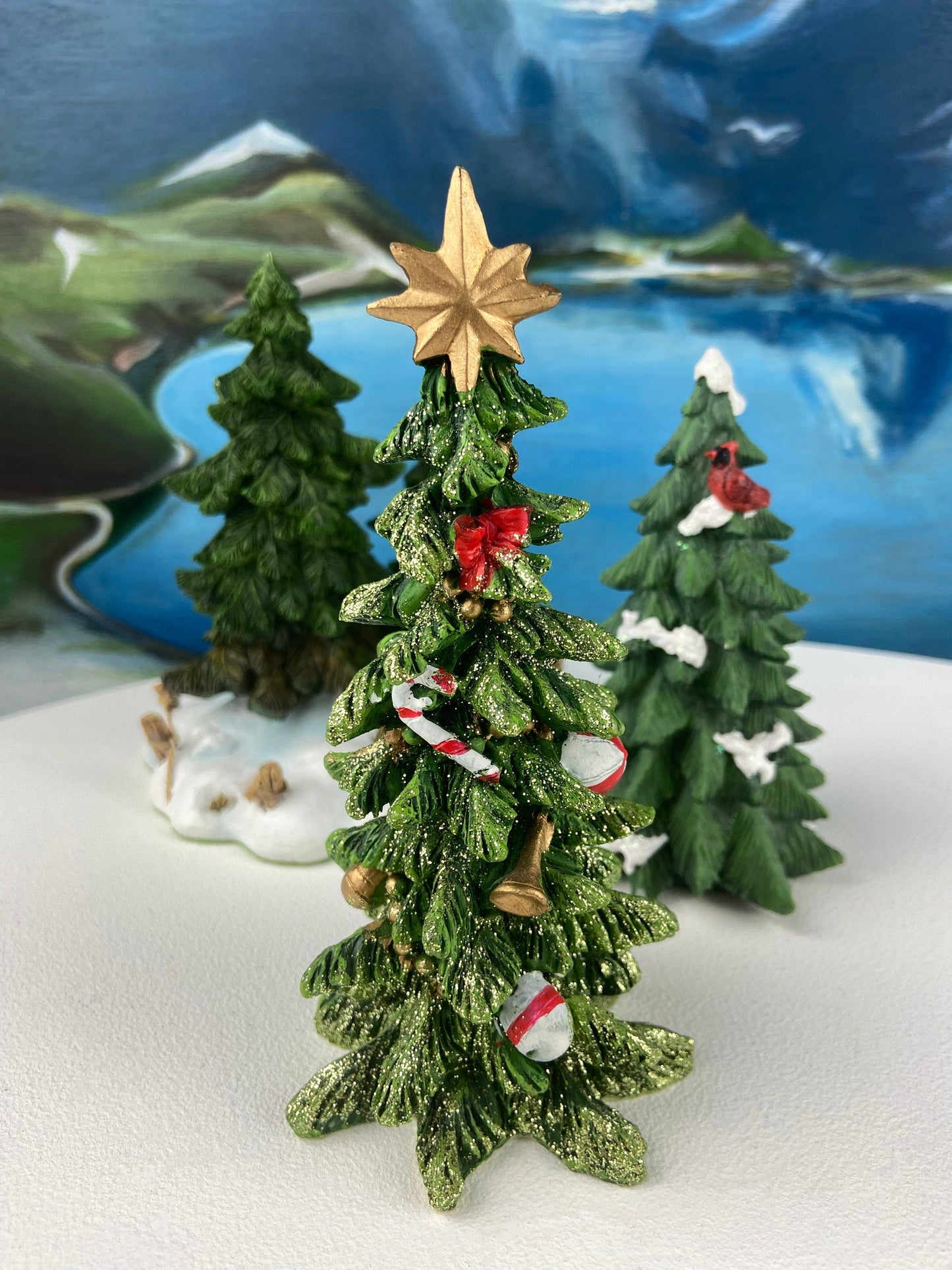Large 11" Tall Pine Tree Covered in Snow and Glitter. Magical Christmas Village Accessory. Large Spruce. Holiday Decor. Table Display.