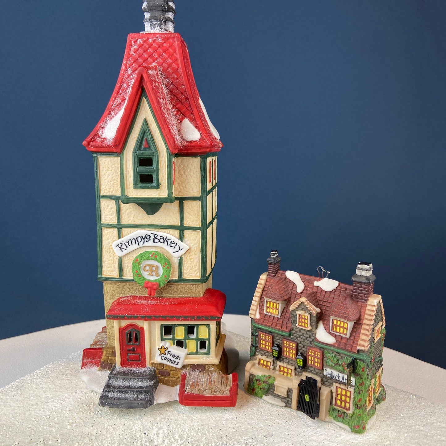 Set of 3 Tree Ornaments by Dept 56. Porcelain Hand Painted Bldgs.: Dedlock Arms, Santa's Workshop, and Dickens'Village Mill. Home or Retail.