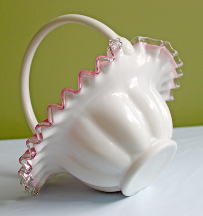 Crystal Basket / Pink Crest and Silvercrest Bowl with Handle. Ruffled Scalloped Rim.