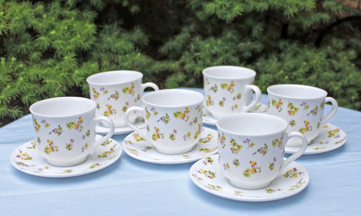 Tea Coffee Serving Set by Noritake, Elvira. 4 Porcelain Cups & Saucers, 4 Square Dessert Salad Plates. Hosting Essentials. Dining Room Decor