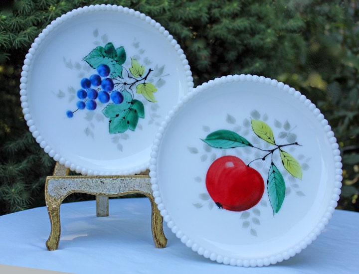 Decorative Milk Glass Plate with Hand Painted Grapes. Hobnail Rim Display Plate.