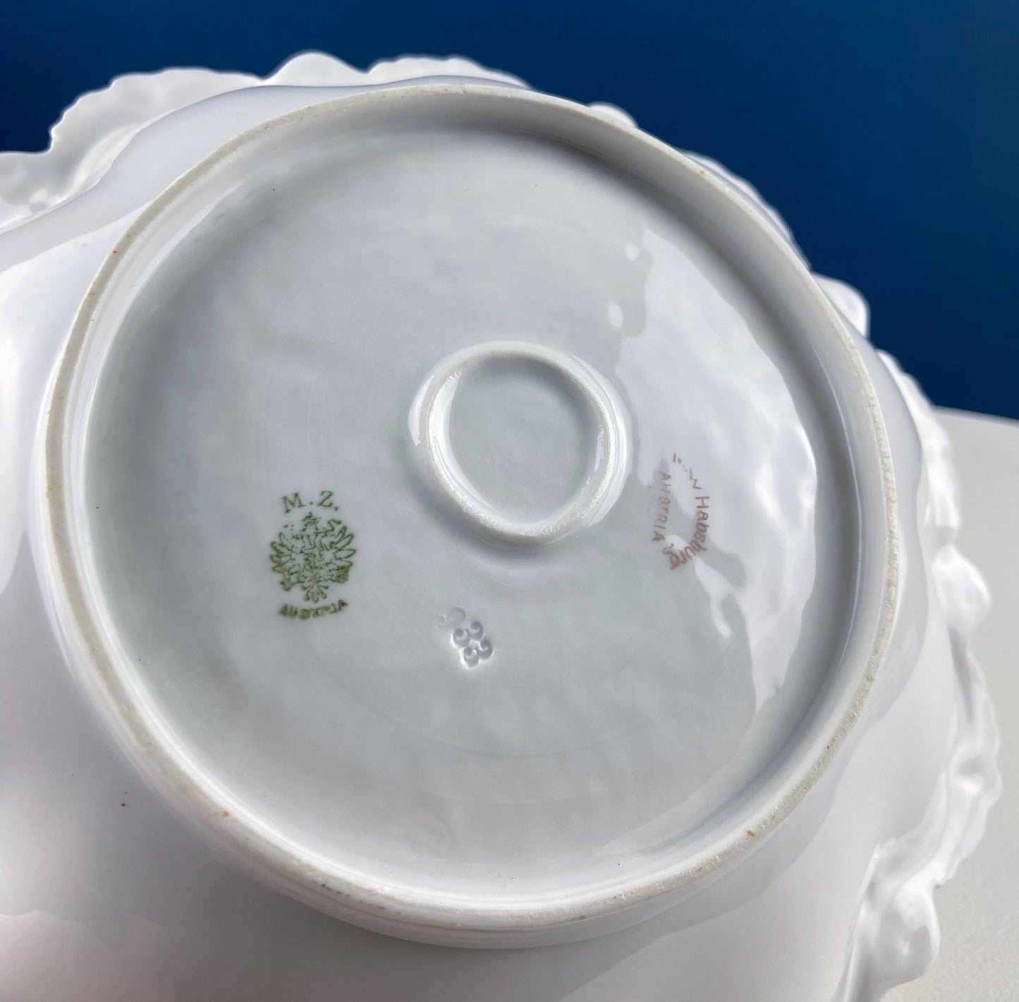 Close-up of a white ceramic dish with a green logo and text on a blue background