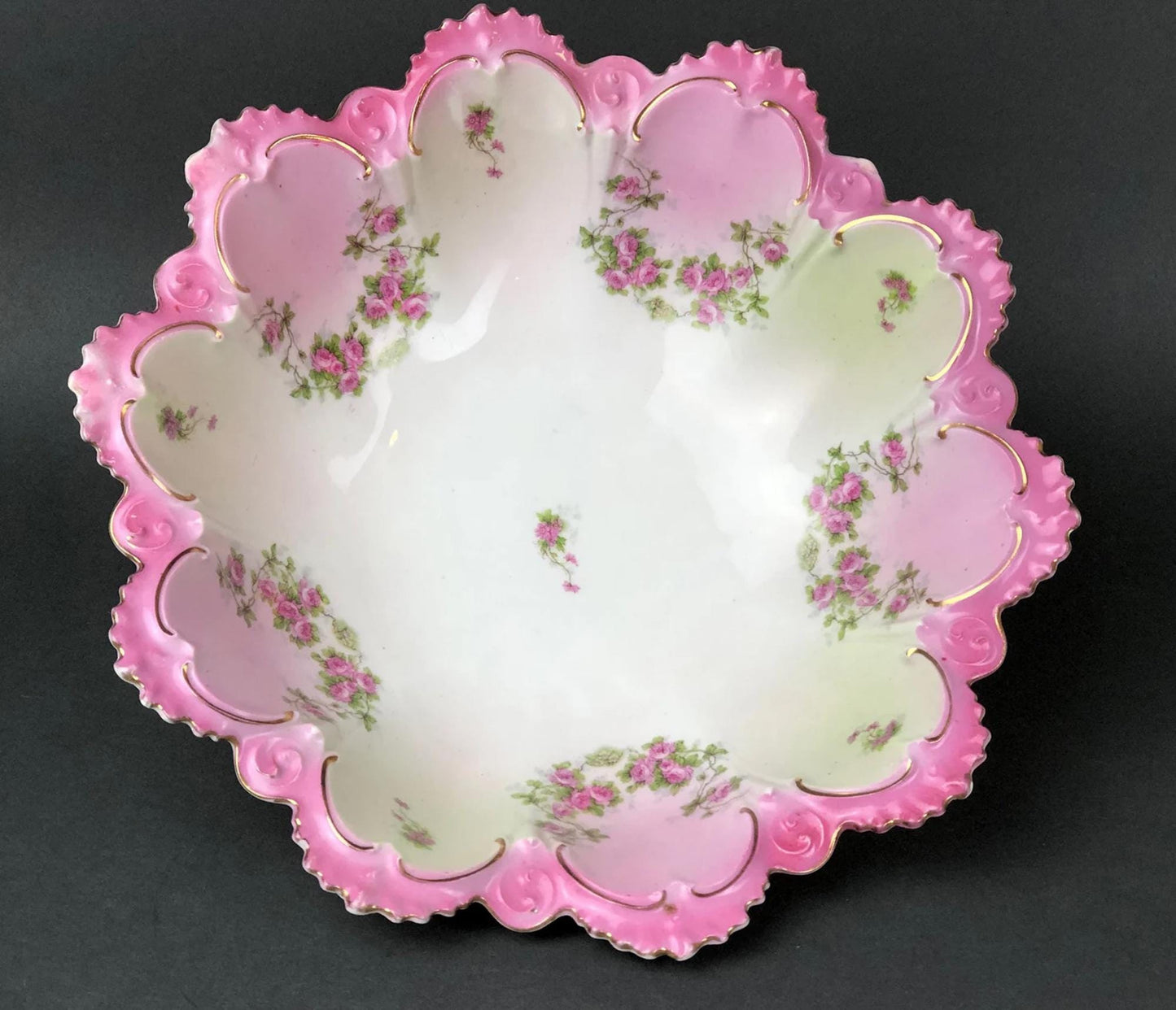 Antique Austrian Hand Painted Porcelain Serving Bowl with Matching Salad Dessert Bowls. Rose Motif Ornate Scalloped Edge. Dining Room Decor.
