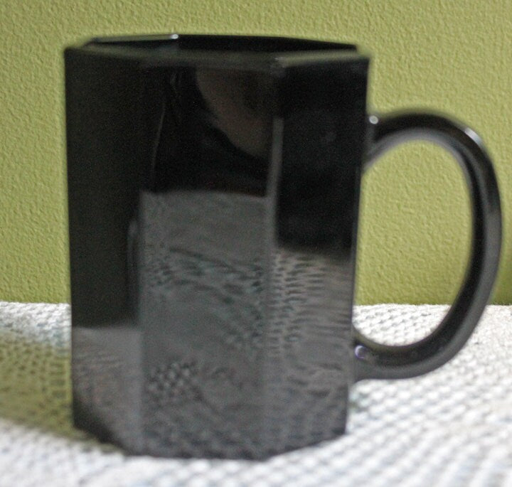 Black Glass Mugs. Six Modern Octagonal Design Cups Made by Arcopal in France.