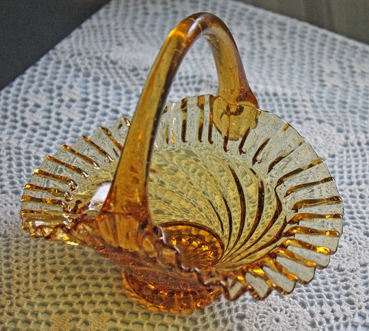 Depression Amber Glass Basket with Ruffled Rim