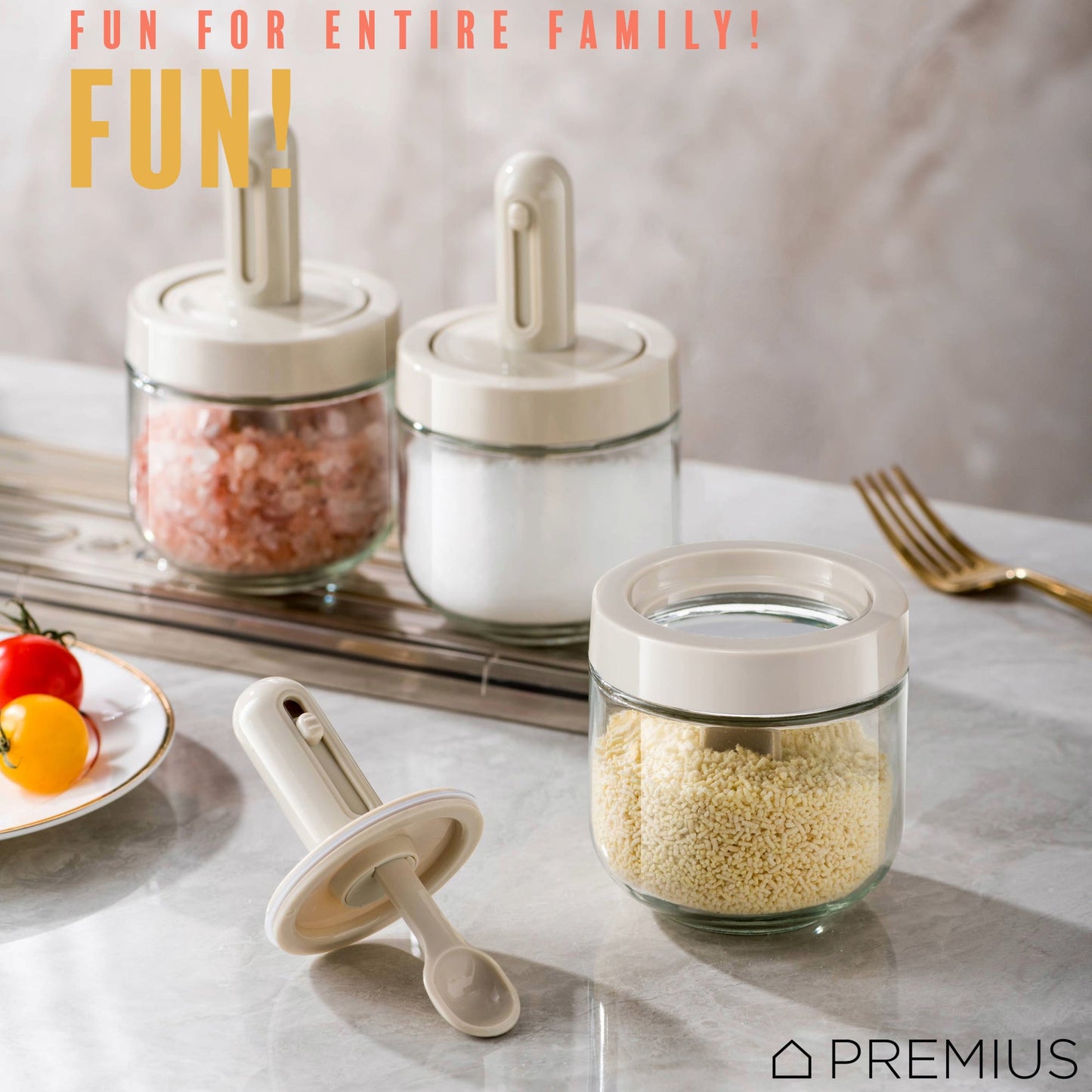 PREMIUS Telescopic Spoon Spice Seasoning Glass Container Jar, White, 10.15 Ounces, 3x3x5 Inches