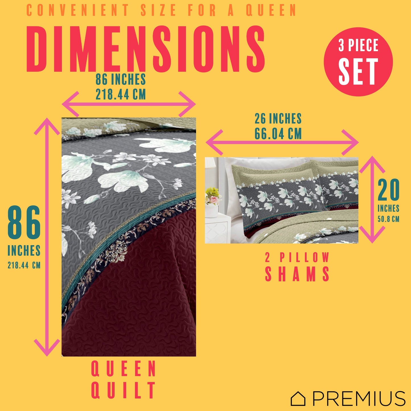 PREMIUS Scarlett 3 Piece Microfiber Wrinkle-Free Quilt Set, Brick-Gray-Beige