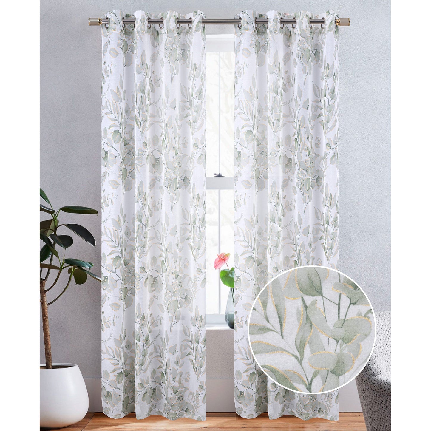 Alisa Sheer Metallic Floral Printed Grommet Window Curtain Panel, 54x84 Inches