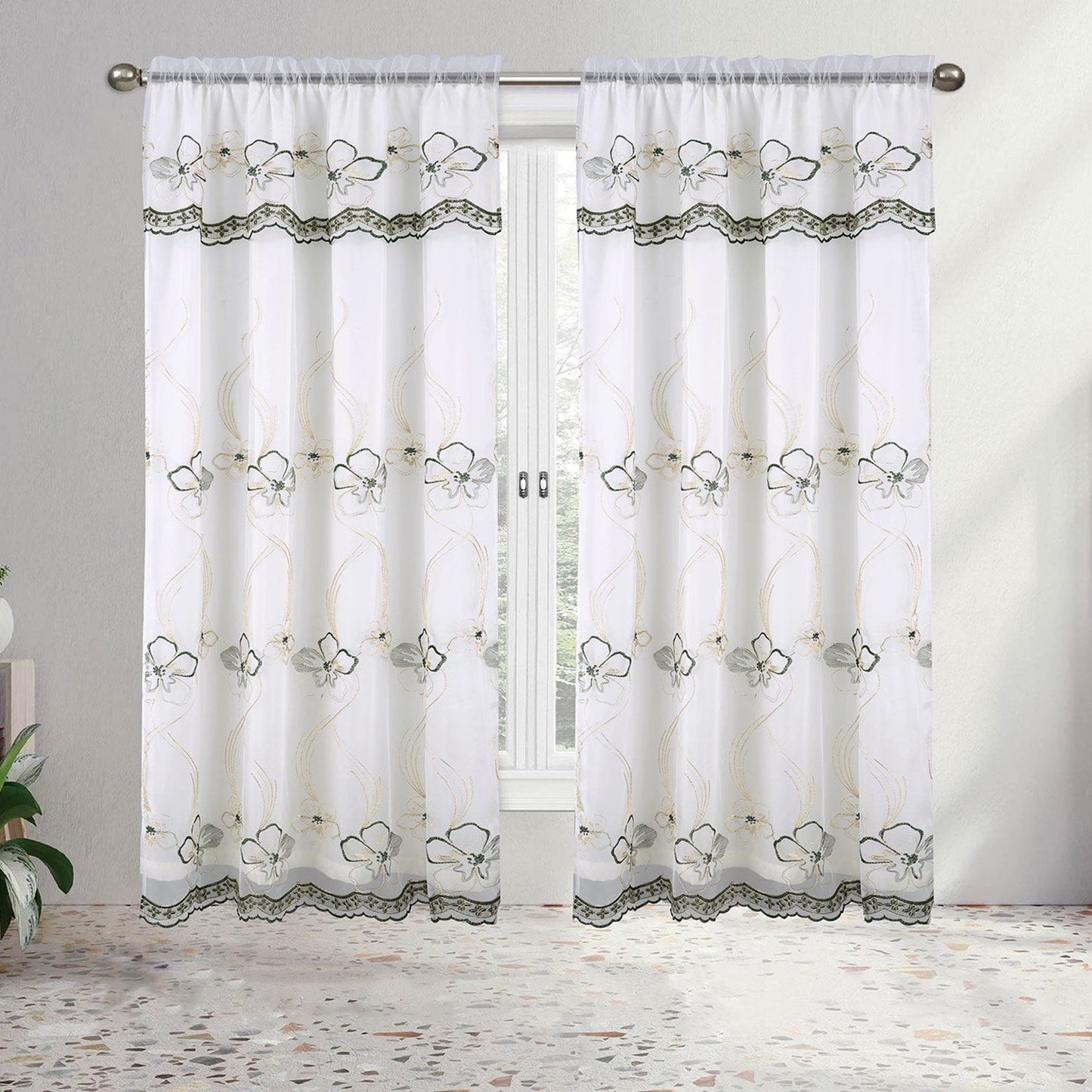 Amira Floral Embroidery Window Panel with Valance and Backing, 55x84 Inches