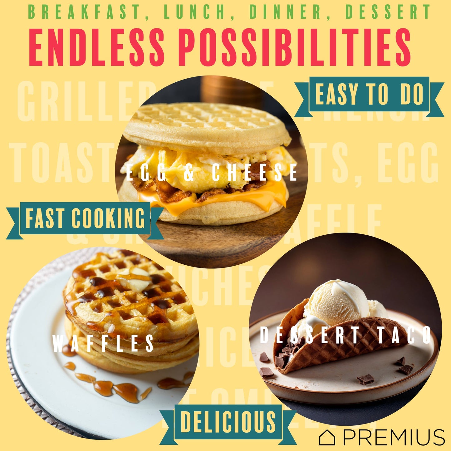 PREMIUS Ceramic Non-Stick Mini Snack Waffle Maker, 4 Inch Mold