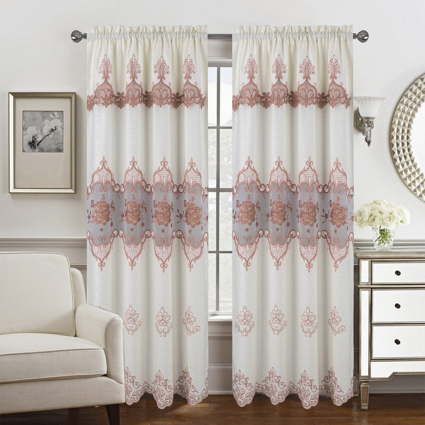 Caroline Floral Macramé Rod Pocket Window Panel With Attached Valance, 55x84 Inches