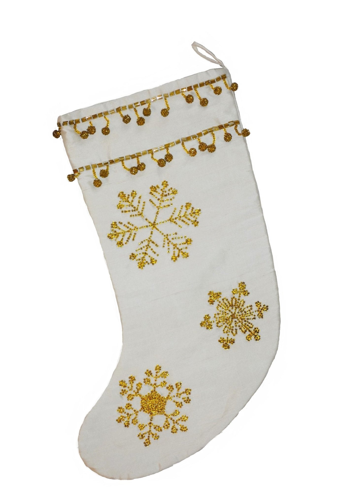 Ivory Silk Christmas Stocking Gold Snowflakes Arcadia Home