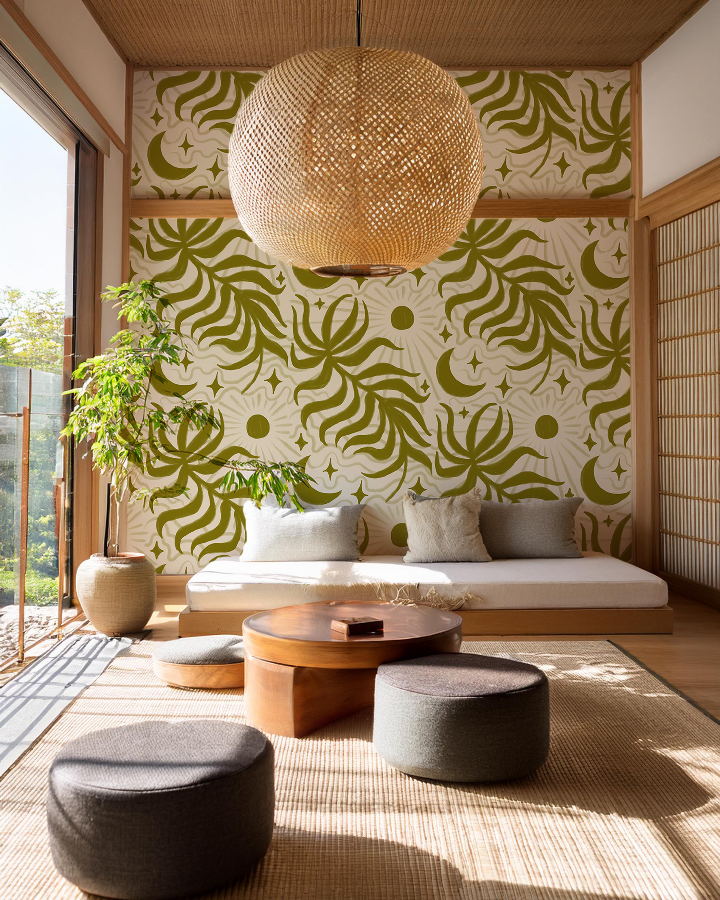 Lunar Leaf Wallpaper, beige and olive green