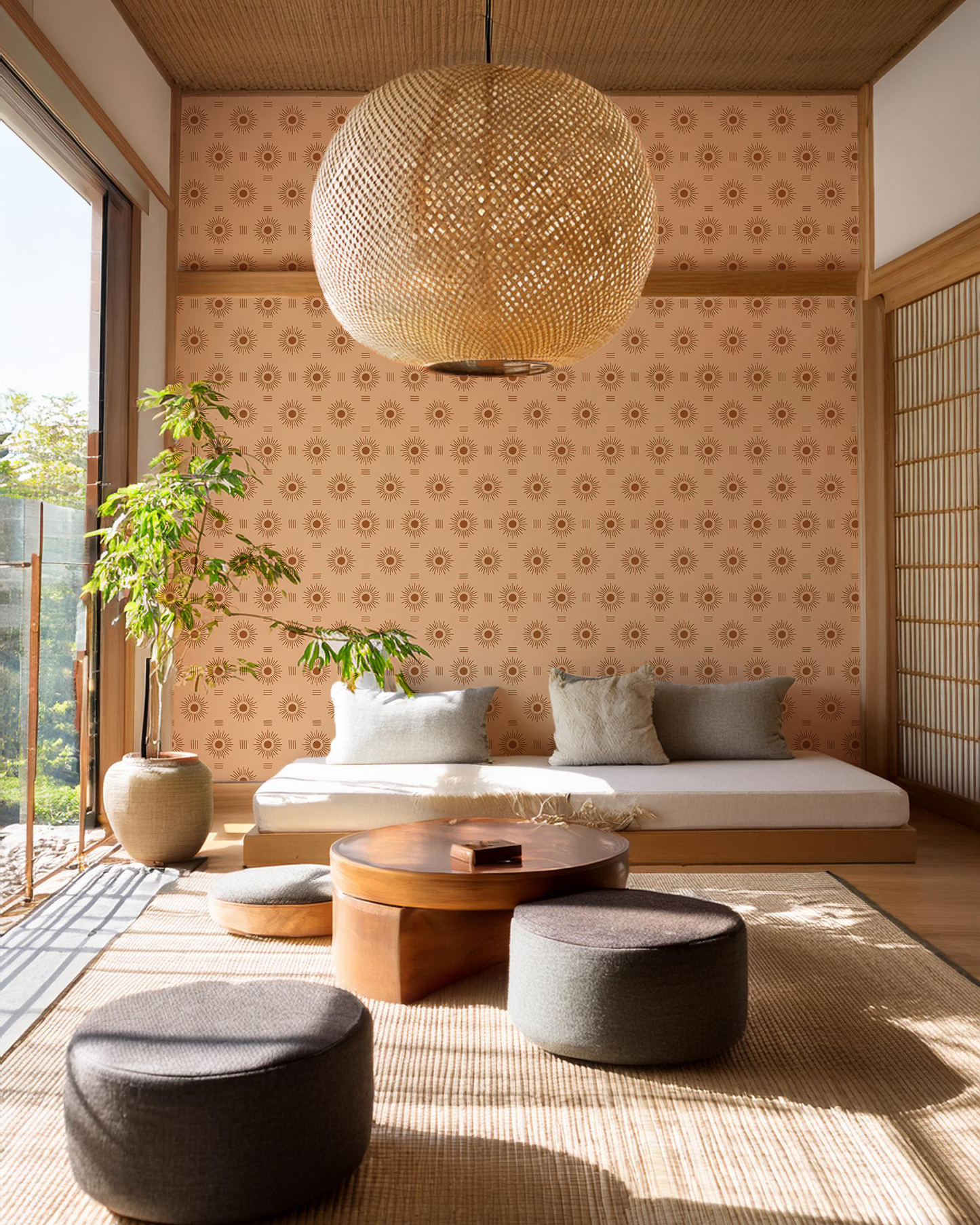 Sun Rays Wallpaper, peach and rust