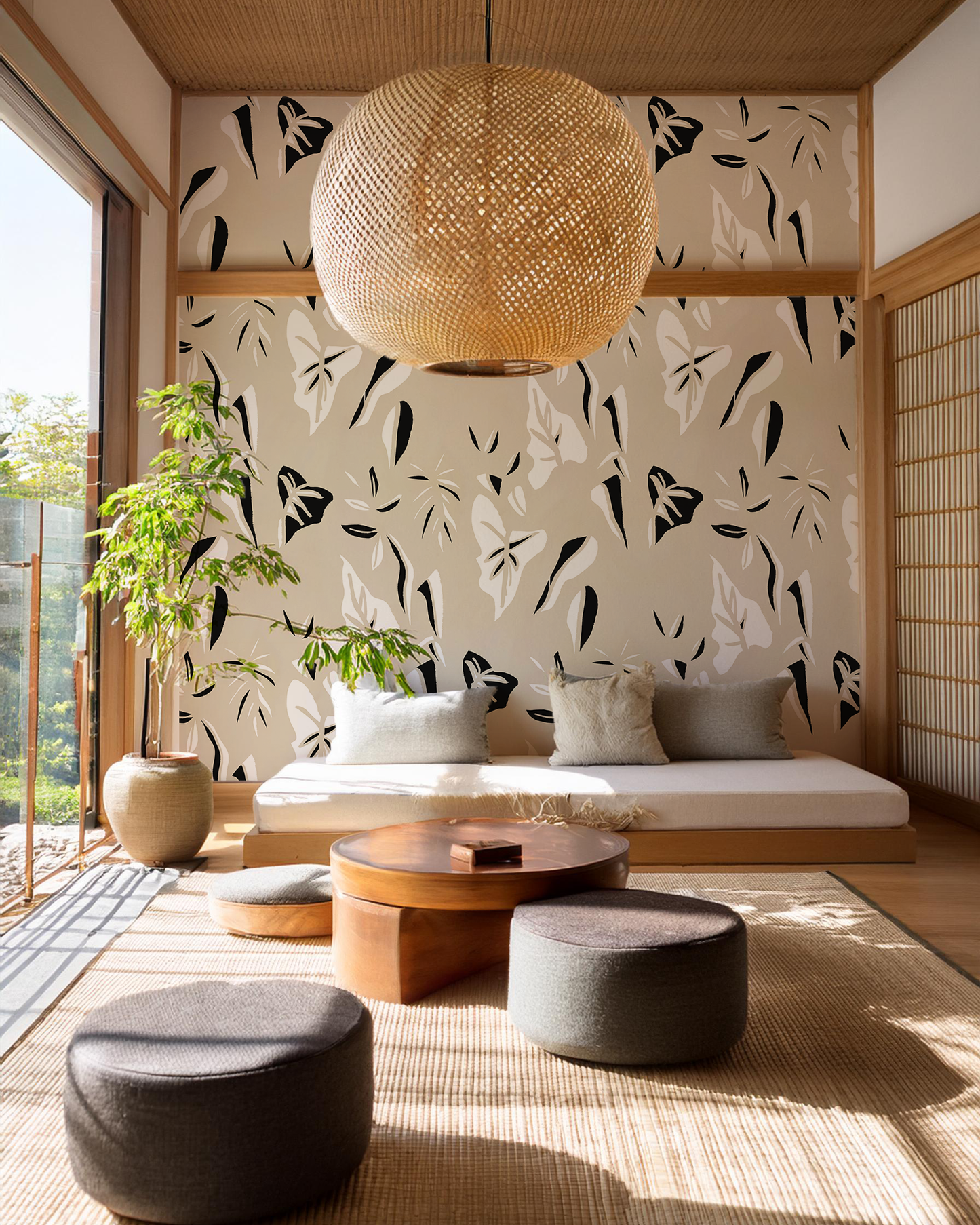 Block Print Foliage Wallpaper, tan and black