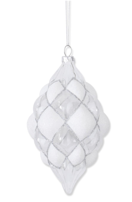 6 Inch Beaded White & Clear Glass Teardrop Hobnail Ornament - Final Sale