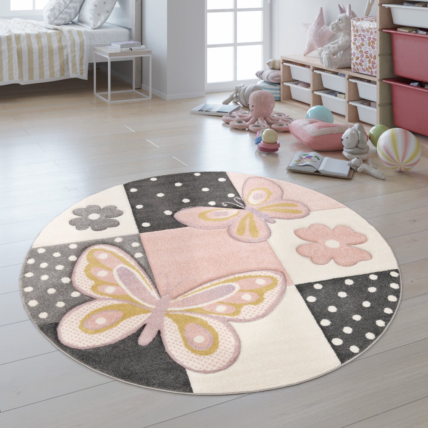 Kids Room Rug Pink Butterflies and Check Pattern