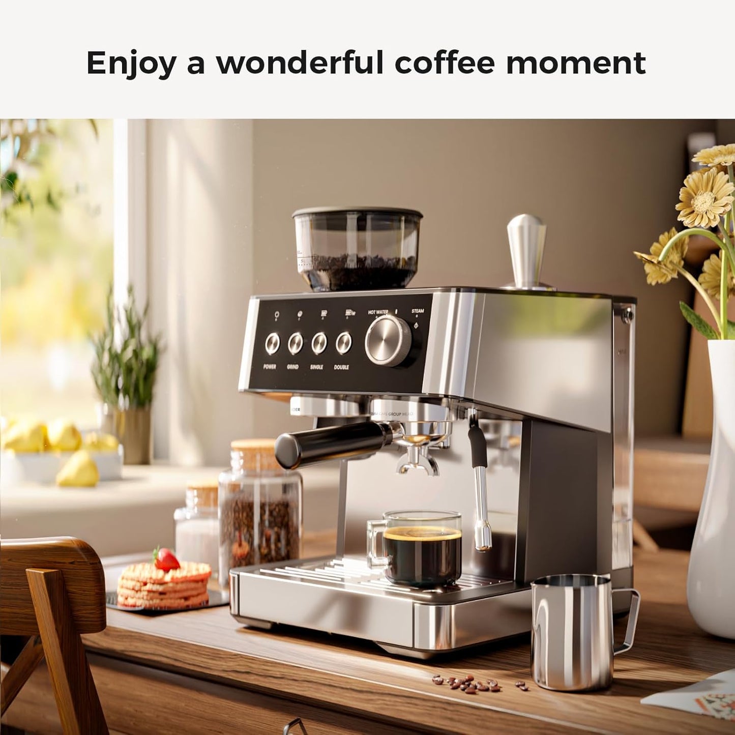Kismile Espresso Machine, Semi-Automatic Coffee Maker with Bean Grinder and Milk Frother Steam Wand