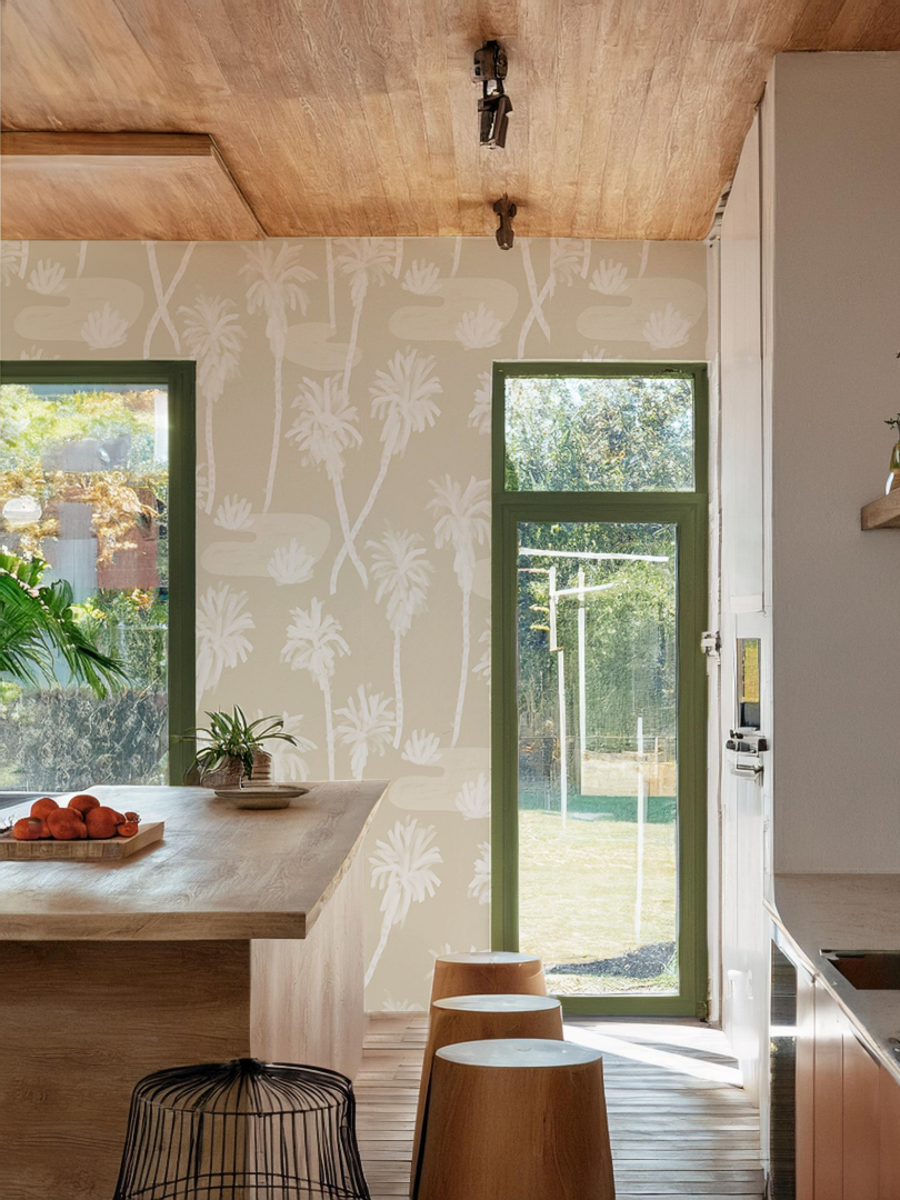 Palm Oasis Wallpaper, neutral and white