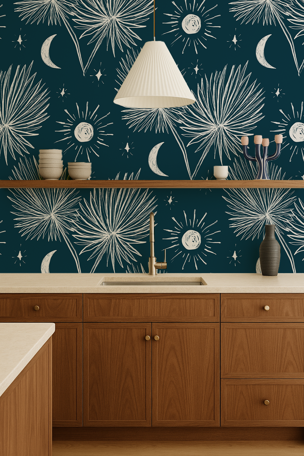 Night Palm Wallpaper, navy and white