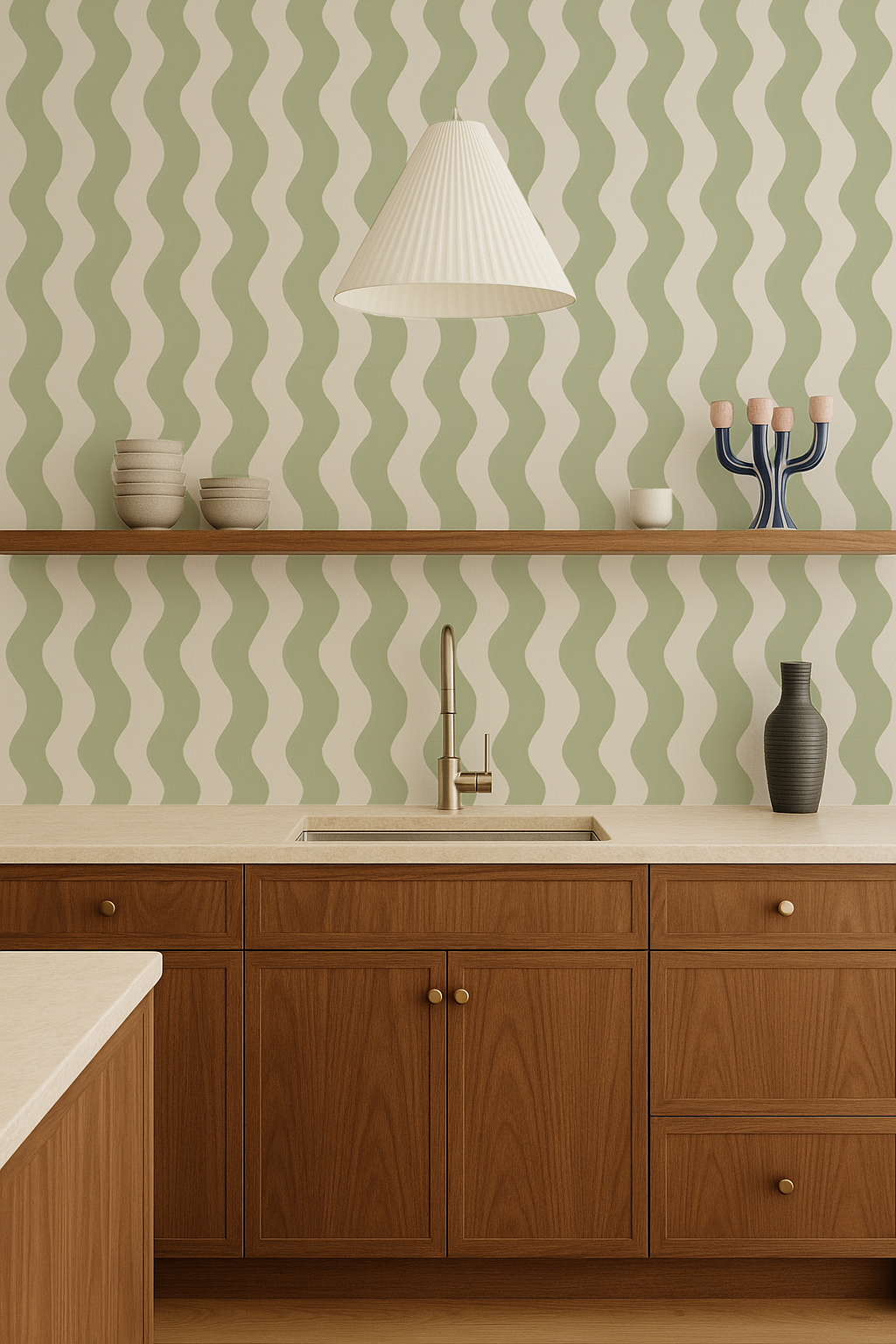 Ziggy Stripe Wallpaper, white and dusty lime